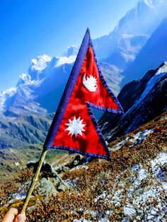 a hand holding a red and purple flag on top of a mountain