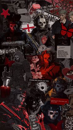 a collage of various images with red and black paint on them, including skulls