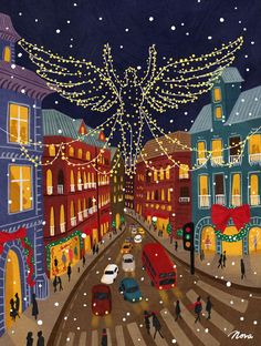 a painting of people and cars on a city street with christmas lights strung over the buildings