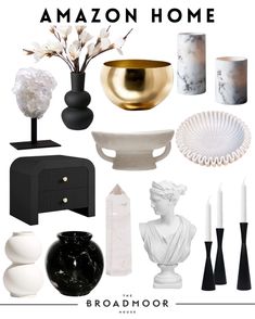 an assortment of black and white items with the words amazon home above it in gold