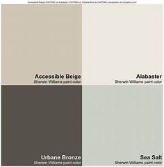 several shades of gray and white paint with the words accessible beige, brown, and sea salt