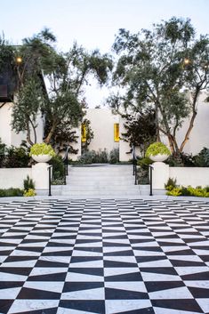 a black and white checkered floor with trees in the background