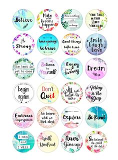 a bunch of buttons with different sayings on them, all in different colors and sizes