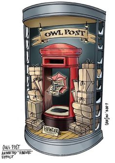 an old fashioned red post box with boxes stacked inside it and the words owl post written on