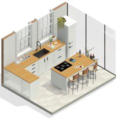 an aerial view of a kitchen and dining area