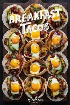 breakfast tacos with eggs, bacon and avocado on them in tortilla shells