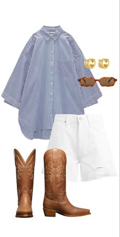 Cowboy Boots Jean Shorts, Coastal Cowgirl Outfit, Outfit Cowboy Boots, Shorts Summer Outfit, Outfit Cowboy, Cowgirl Outfit, Looks Country, Nashville Outfits, Outfit Layout