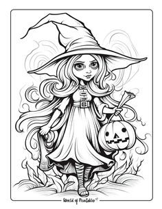 a black and white drawing of a girl in a witch costume holding a pumpkin with her hands