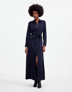 Regular fit. Falls 55 3/4' from high point of shoulder (based on size 6). 100% TENCEL Lyocell. Pockets. Machine wash. Imported. Select stores. Maxi Shirt Dress, Madewell Dresses, Dress Shirts For Women, Navy Blue Color, Shirtdress, High Point, Navy Color, Girly Girl, Knee High Boots