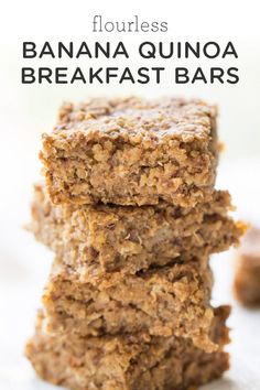 banana quinoa breakfast bars stacked on top of each other with text overlay