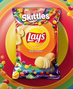 a bag of skittles lays next to some candies on a colorful background