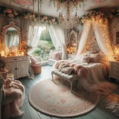 a bedroom decorated in pink and white with chandeliers hanging from the ceiling, rugs on the floor