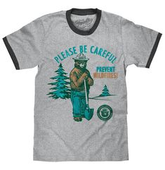 PRICES MAY VARY. YOUR NEW FAVORITE SMOKEY BEAR SHIRT: Enjoy the nostalgia of the iconic Smokey Bear mascot and "Please Be Careful Prevent Wildfires" phrase, lightly distressed and printed on the softest grey ringer t-shirt we could find. EASY CARE TEES: This Smokey Bear design is licensed and screen-printed on a soft, high-quality poly-cotton ringer tee shirt that goes from the washing machine to the dryer without losing shape, shrinking or fading. Graphic is intentionally distressed for a worn, Ringer Shirt, Smokey Bear, Smokey The Bears, Retro Graphic Tees, Casual Night Out, Bear Shirt, Retro Men, Bear T Shirt, Be Careful