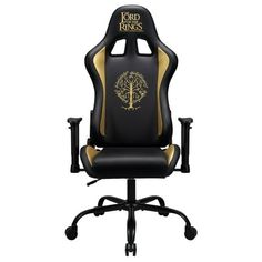 a black and gold gaming chair with the lord of the rings symbol on it's back