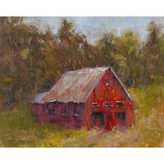 an oil painting of a red barn in the middle of a field with trees behind it