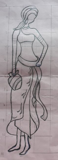 a drawing of a woman standing with her hair blowing in the wind and holding a purse