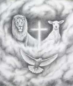 a drawing of two lions and a lamb with a cross in the sky behind them