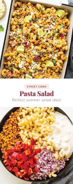 pasta salad in a pan with the title overlay that reads street corn pasta perfect summer salad