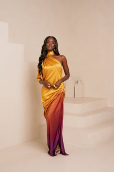 Step into effortless sophistication with the SOL Drape Maxi Dress. Designed with a stunning draped silhouette, this dress features a captivating blend of colors inspired by the serene beauty of sunsets. The flowing, lightweight fabric gracefully moves with you, offering both comfort and a flattering fit. Perfect for el Black Tie Optional Attire, Dream Wedding Decorations, Drape Maxi Dress, Resort Fashion, Iconic Dresses, Queen Dress, Infinity Dress, Wedding Attire Guest, Scarf Top