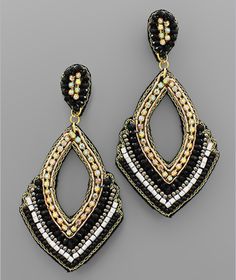 Gold Detailed Seed Bead Earrings, comes in 3 different colors! Black Beaded Earrings Gold, Gold Beaded Earrings With Black Beads As Gift, Black Beed Earring Gold, Elegant Black Beaded Earrings With Gold Beads, Black And Gold Beaded Earrings, Chic Boutique, Seed Bead Earrings, Gold Details, Holiday Specials