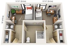 an overhead view of a bedroom and living room in a small apartment, with the measurements displayed