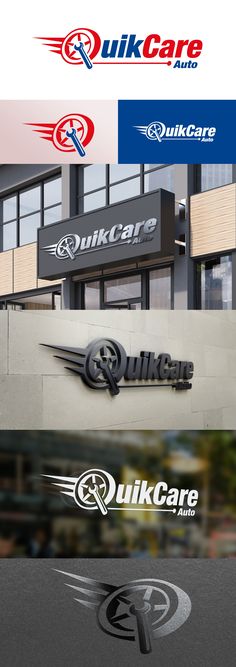 the logo for quik care is shown in three different colors and font styles, including black