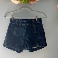 Brand New, Never Worn. Trendy High-waisted Shorts With Buttons, Blue High-rise Bottoms With Snap Buttons, Blue High Rise Bottoms With Snap Buttons, High Rise Blue Bottoms With Snap Buttons, Fitted High-waisted Shorts With Button Closure, High Waist Denim Shorts With Buttons, Trendy High Rise Shorts With Button Closure, High Rise Fitted Shorts With Button Closure, Fitted High Rise Shorts With Button Closure