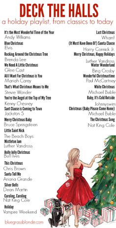 a flyer for the holiday playlist with an image of a woman in a red dress next to a christmas tree