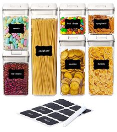 an assortment of food in plastic containers with labels on the top and bottom, including pasta