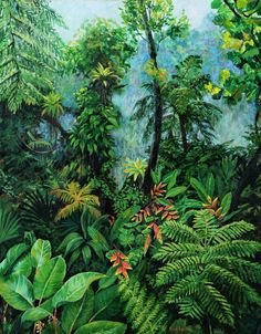 an oil painting of tropical plants and trees