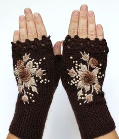 Cottagecore Crochet, Stumpwork Embroidery, Brown Gloves, Purple Accessories, Knitted Mittens