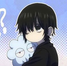 an anime character with black hair holding a white cloud in front of a blue background