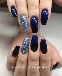 Nails For Wedding, Blue Glitter Nails, Dark Blue Nails, Navy Nails, Navy Blue Nails, Nails Dark, Blue Acrylic Nails, Silver Nail