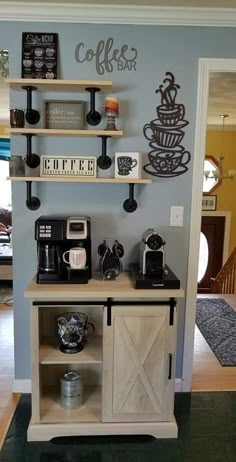 a coffee bar with shelves on the wall