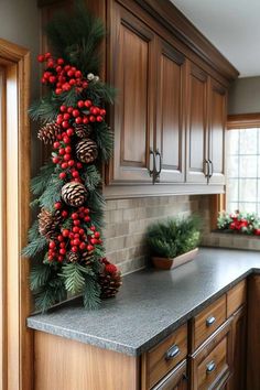 29 Ways To Decorate Kitchen Cabinets for a Festive Christmas Holiday Cabinet Decorations, Cabinet Door Christmas Decor, Decorate Kitchen Cabinets For Christmas, Decorate Kitchen Cabinets, Christmas Decor Above Kitchen Cabinets, Auntie Claus, Kitchen Xmas Decor, Christmas Kitchens, Decorate Kitchen