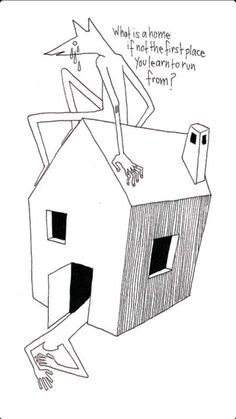 a drawing of a house with an upside down roof and two people standing on top of it