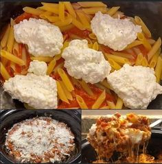 four different pictures with pasta, cheese and sauce in them on the same pan as well