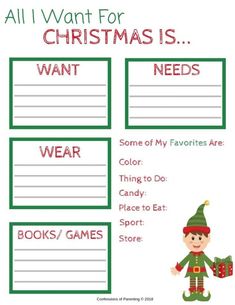 a christmas wish list with an elf holding a present and the words, all i want for