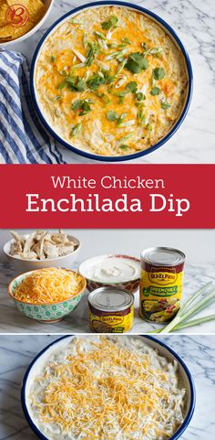 white chicken enchilada dip recipe with cheese and sour cream in the background