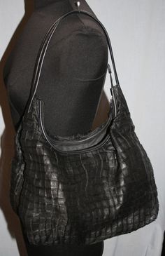 "Welcome!  Here you will find a vintage Desmo black purse / handbag.  It has a \"checked\" accordion fabric chiffon outer shell.  Inside it has a small zippered pocket.   It is in excellent condition - no damage.  It measures 12\" wide x 4\" deep x 12\" tall with a strap drop of 10\"." Vintage Hobo Shoulder Bag For Evening, Vintage Hobo Tote Bag For Evening, Vintage Hobo Satchel Bag For Evening, Chiffon Outer, Large Handbag, Black Purse, Large Handbags, Black Purses, Rebecca Minkoff Hobo