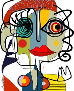 an abstract painting of a woman's face with circles and lines on her head