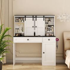 a white desk with drawers and shelves on it