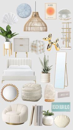 a collage of white and gold items including a bed, mirror, planter, vase