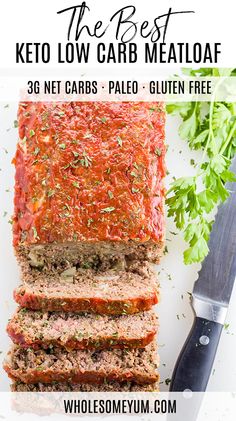 sliced meatloaf with sauce and parsley on top