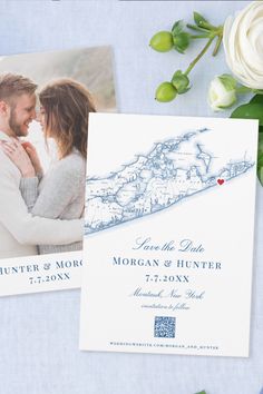 Montauk NY Save the date with map and photo back with QR code for wedding website Gurneys Montauk, Montauk Wedding, Ny Map, Montauk Ny, Surf Club, Wedding Elegant, Coastal Wedding, Navy Wedding