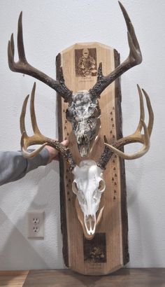 Deer Hunting Mount.  Deer Mount Plaque.  European Mount Plaque. Deer Skull Mount.  Gift For Hunter.  Antler Mount.  Antler Plaque.  Deer Hunting Gift.  European Deer.  Deer Skull Mounts.  Double European Skull Mount. Deer Hunting Gifts. Deer. Cabin Decor. Man Cave Decor. Bow Hunting. Deer Camp. Double Plates For European Mount.  This mount is for two photos.  If you don't want your photos and are looking for deer images, trees, please see our other mounting kits.   We call this a Double Plank. The images are exclusively ours as they have been hand drawn just for us. We are able to capture that beautiful image with our laser and engrave on to our wood. A beautiful European Skull Plaque to hold your trophy deer skulls. Gorgeous wood with bark, one of a kind engraved with deer tracks, and our European Mount Plaque, European Skull Mount Ideas, European Skull Mount, Deer Images, Deer Mount Ideas, Deer Skull Mount, Deer Tracks, Antler Mount, Deer Antler Decor