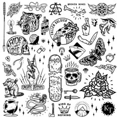 an assortment of tattoos and other items on a white background with black ink, in the middle