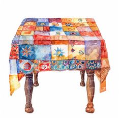 a painting of a table covered in colorful fabrics