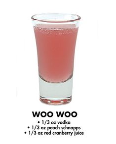 a glass filled with pink liquid next to a white background and the words woo woo on it