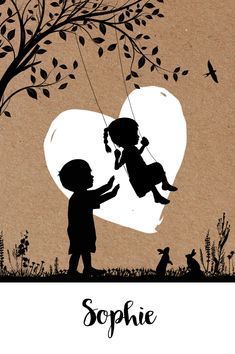 the silhouette of two children playing with a heart shaped balloon in front of a tree